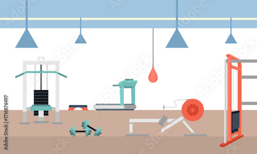 Sport Gym Interior Workout Equipment Copy Space Flat Vector Illustration