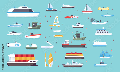 Big set of sea boats and little fishing ships. Sailboats flat vector icons. Illustration of water transport yacht and ship sailboat