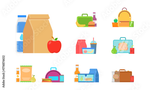 Lunch box different types of lunches. Vector school lunch box with healthy food, fruits or vegetables packed in a children s container in a bag. Set of packaged food illustrations isolated on white.