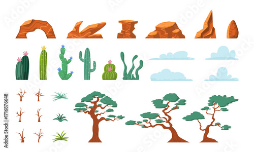 Desert cactus ant rocks. Cartoon tumbleweed, sand stones, and succulent, exotic landscape elements. Vector isolated set. Solid cliffs, outdoor bare trees and plant with leaves, hot climate