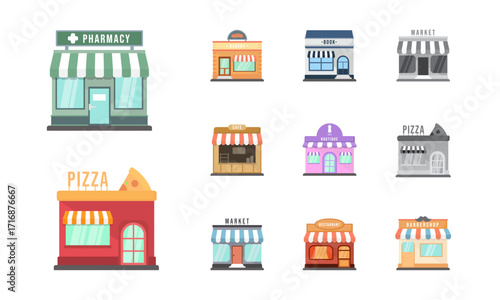 Modern fast food restaurant and shop buildings, store facades, boutiques with showcase flat icons. Exterior market and restaurant, illustration of exterior facade store building