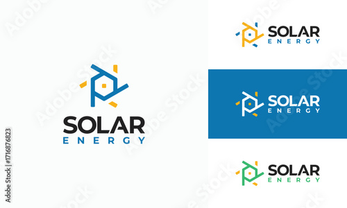Solar Energy logo designs vector, Sun power logo, Solar energy with rooftop House logo