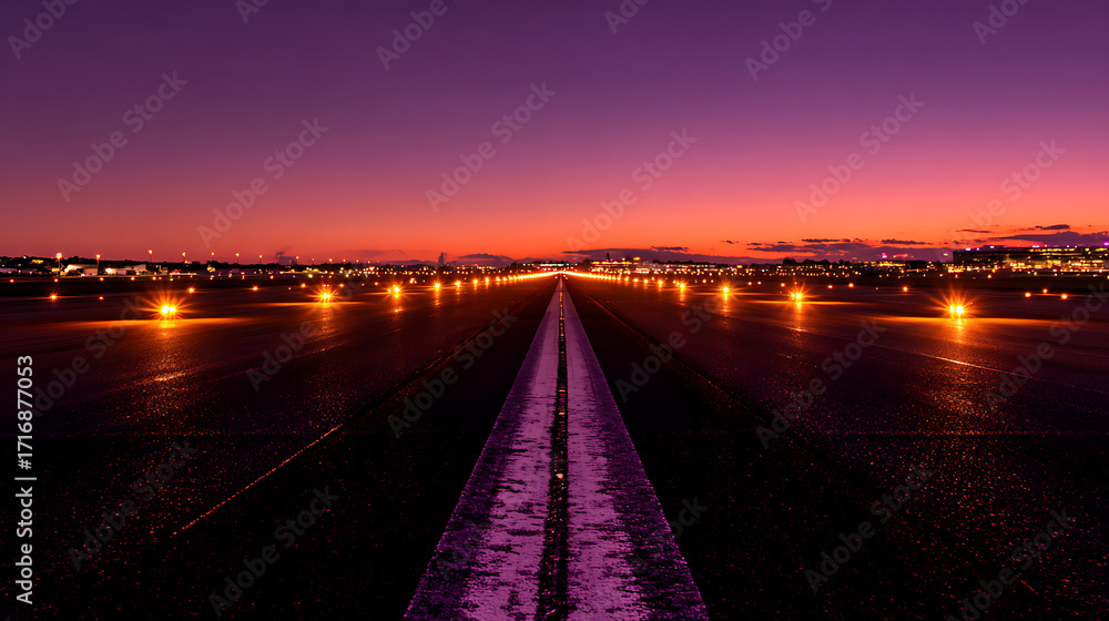 Obraz premium A long, illuminated airport runway stretches into the distance under a dramatic, vibrant purple and orange sunset sky, symbolizing travel, ambition, and new beginnings. 
