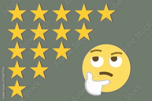Thinking emoji with multiple stars on gray background, concept of review and rating evaluation, customer feedback, service quality, satisfaction level, product assessment and online opinion scoring.