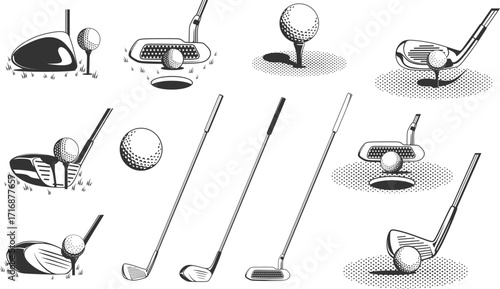 Golf clubs and a ball. Retro monochrome vector illustration.