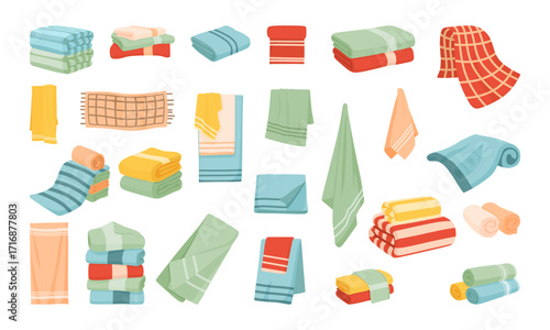 Towels for bathroom vector illustration set. Cartoon textile collection with rolled fabric hand, facial and bath cloth towels, hanging on hanger rail, lying in stack roll or pile isolated on white