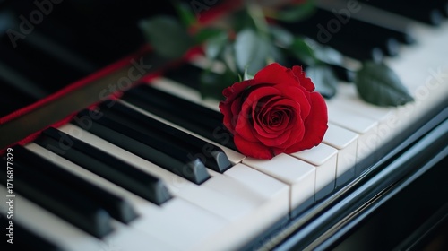 Red rose on piano keys