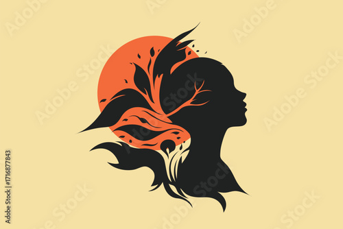 Abstract female silhouette with nature elements – mind and growth concept illustration