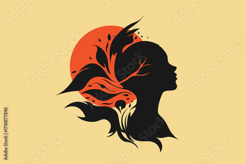 Abstract female silhouette with nature elements – mind and growth concept illustration