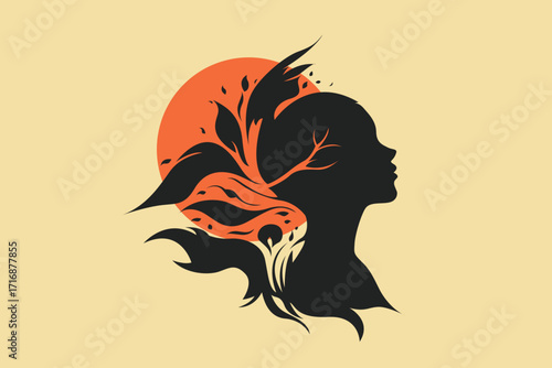 Abstract female silhouette with nature elements – mind and growth concept illustration