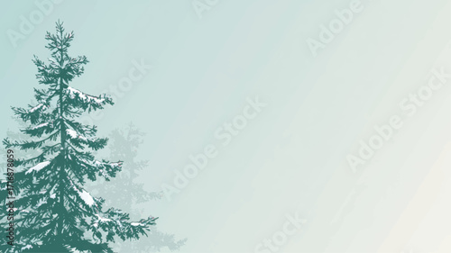 Snowy evergreen pine tree silhouette with frosty branches tranquil winter solstice Yule holiday background.
