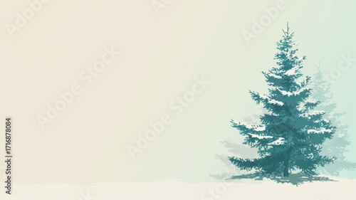 Snowy evergreen pine tree silhouette with frosty branches tranquil winter solstice Yule holiday background.