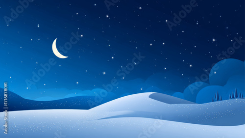 Crescent moon shining above snowy winter hills with glowing horizon starry night Yule background