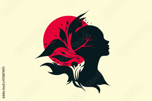 Abstract female silhouette with nature elements – mind and growth concept illustration
