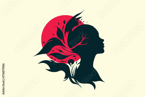 Abstract female silhouette with nature elements – mind and growth concept illustration
