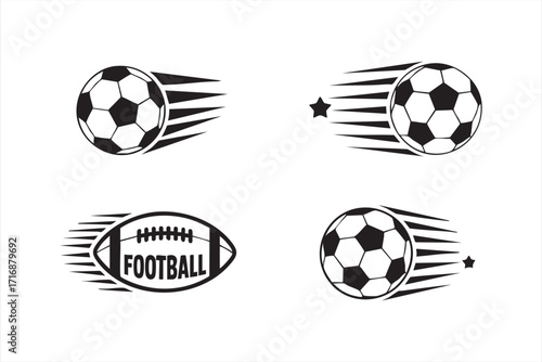 Soccer and football ball icons set, black vector illustrations of fast motion sports symbols with speed lines and stars for athletics, competition, team games and sporting event design concepts