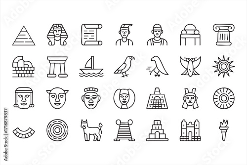 Vector design set of ancient history symbols including pyramids, temples and masks