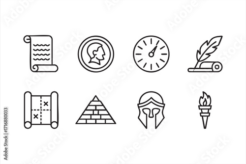 Ancient history icon pack with warrior helmet, pyramid and historic map graphics