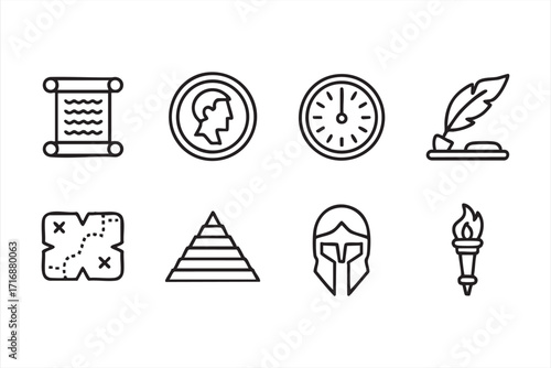 History and ancient culture icons set with scroll, pyramid, helmet and torch symbols