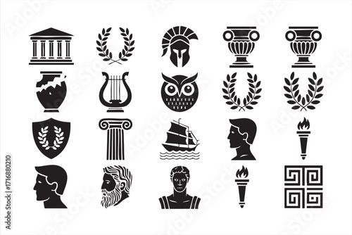 Vector collection of ancient history icons with empire, mythology and education themes