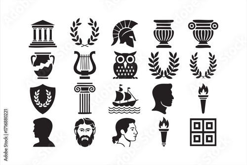 Classic heritage and culture icons pack with Roman and Greek symbolic graphics