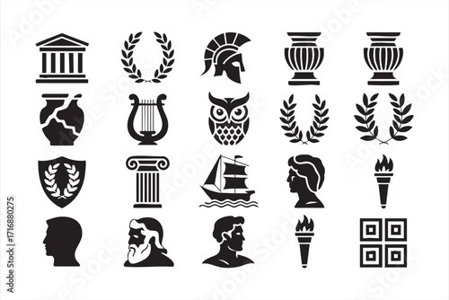 Greek and Roman culture icons set with laurel wreath, amphora, owl and sculptures