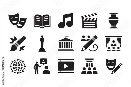 Vector symbols set of arts and performance with drama masks, books and clapperboard