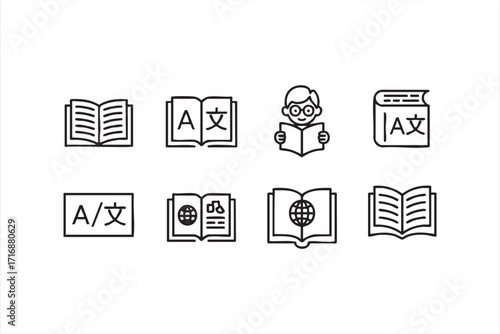 Translation and language book icons set with globe, student and multilingual text