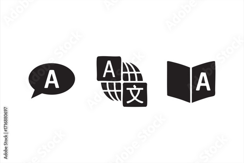 Language and translation icon pack with letters, text and international designs