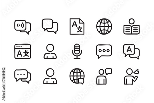 Global communication and translation icons pack with documents, speech and users