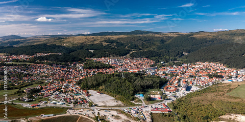 Panorama of Pljevlja and Strazica Park in center, drone view. Montenegro