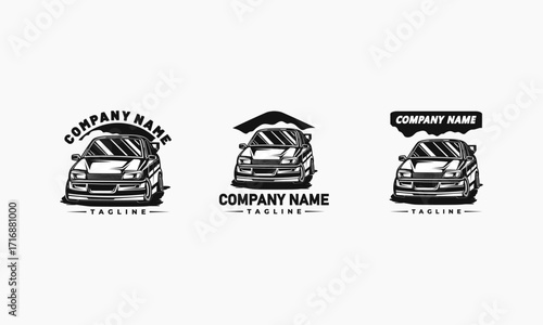 Three Black and White Car Logo Designs with Company Name and Tagline