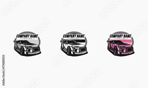 Three Company Logos Featuring a Modified Sports Car