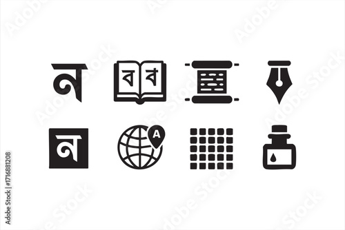 Education and communication icons for Bengali script, writing, and language learning
