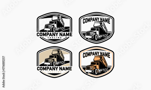 Four Company Logos Featuring Dump Trucks in Shield Designs