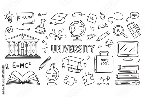 University and education doodle icons set for school projects and academic materials