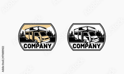 Black and Tan Logo of a Camper Van with Trees and the Word "Company"