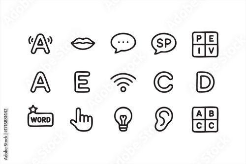 Speech and listening illustration icons for pronunciation, learning, and teaching use