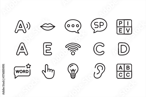 Language and speech education icons vector set for learning and communication projects