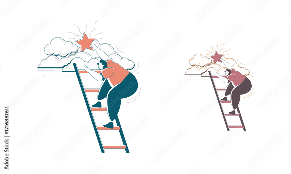 Fototapeta premium Person Climbing Ladder Towards a Star in the Clouds