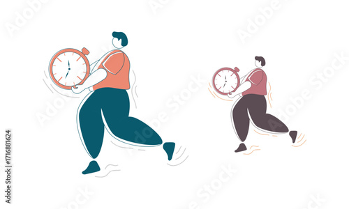 Two People Running with Large Clocks in Hand