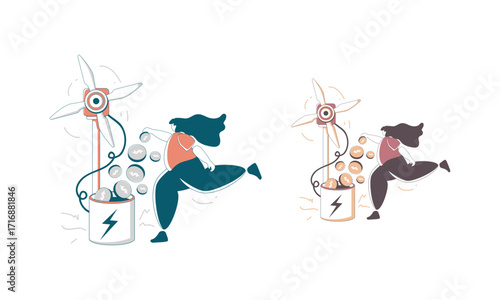 Two People Throwing Coins into Containers Powered by Wind Turbines