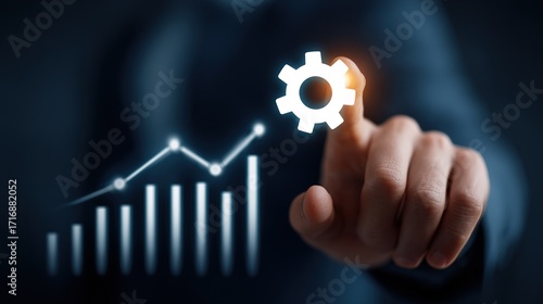 Hand Touching Gear Icon with Rising Bar Charts, Business Growth and Optimization Concept, Dark Background with White Graphs, Interactive Analytics