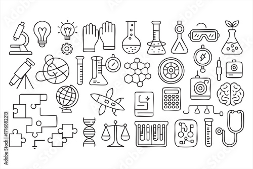 Science and laboratory icons set with experiment and research tools in vector style