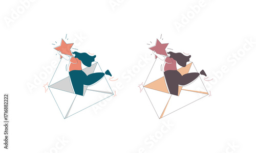 Two women flying through the air, each holding a star and sitting in an envelope