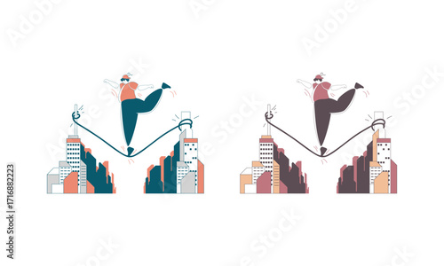 A Person Walking on a Tightrope Between Two City Buildings