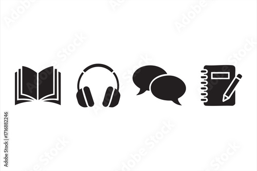 Academic and study icons set with book, pencil, and speech bubbles in vector design