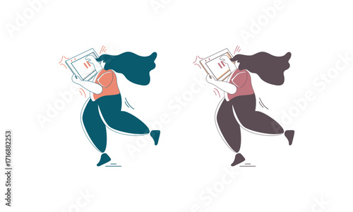 Two Women Running With Tablet Devices In Their Hands