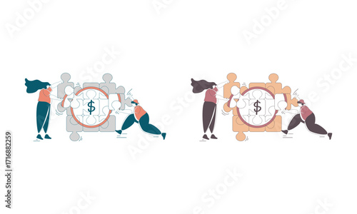 People Collaborating to Complete a Dollar Sign Shaped Jigsaw Puzzle