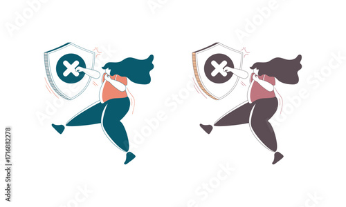 Woman Holding a Shield with a Cross Mark, Rejecting or Declining an Offer or Service